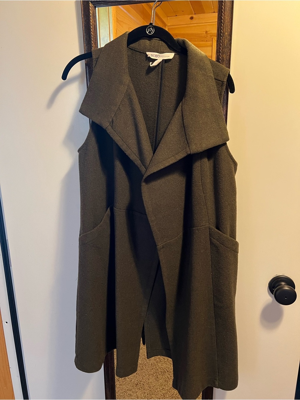 BCBG Sleeveless Open Front Long Vest - Olive Green